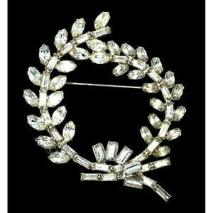 Vintage Large Rhinestone Brooch Clear Laurel Wreath Jewelry